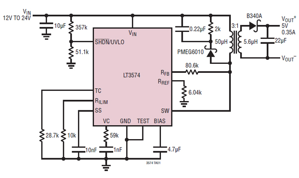 The no-opto flyback converter's output voltage is easily set Linear Technology LT3574